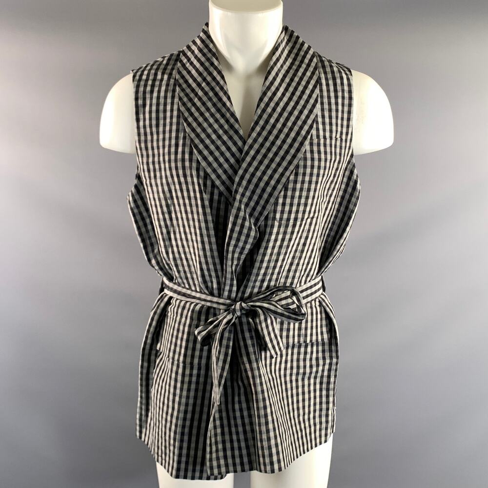 LA PERLA Size S Grey Black Checkered Linen Silk Shawl Collar Vest
